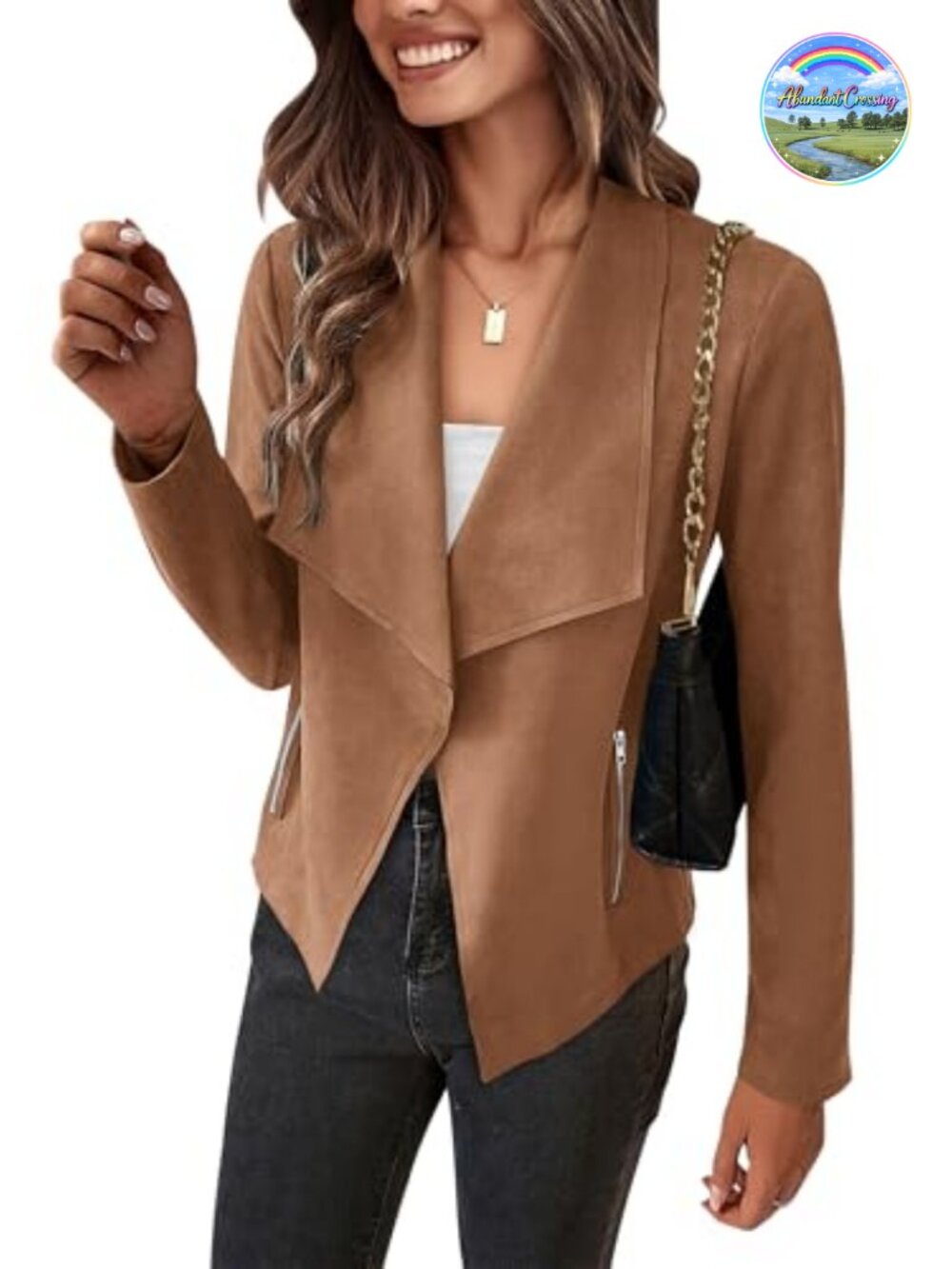 PRETTYGARDEN Faux Suede Jacket Waterfall Collar Cropped Women's